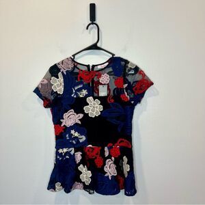 NWT Parker Lace Appliqué floral patriotic short sleeve blouse - Size Small